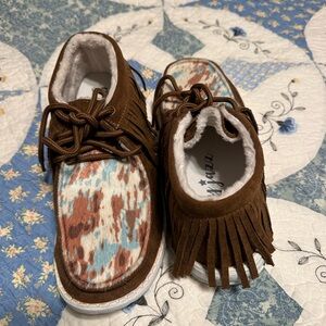 Brown and Multicolor Fringe Moccasins